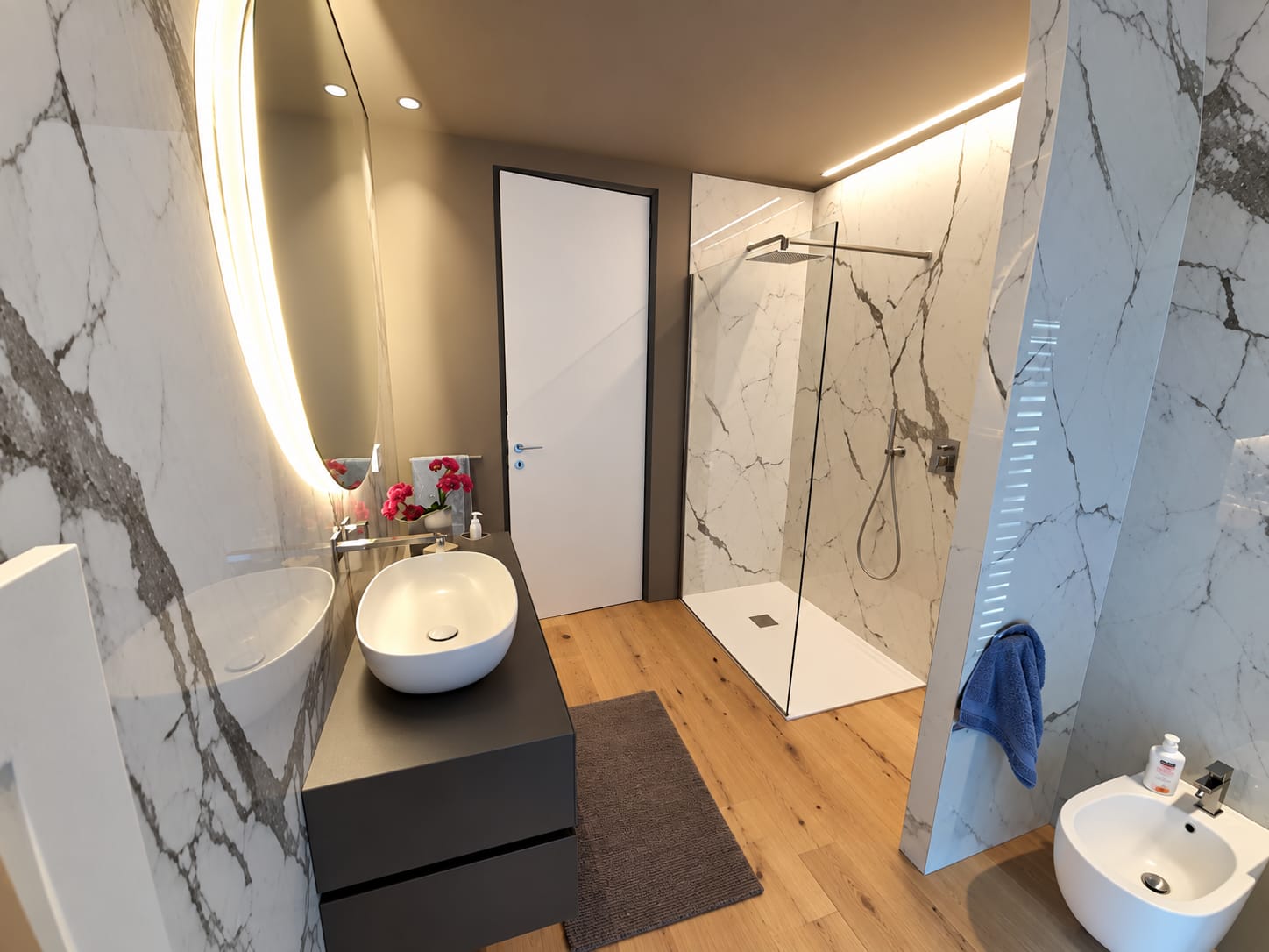 Bagno moderno con doccia walk-in, lavabo su mobile e rivestimenti effetto marmo