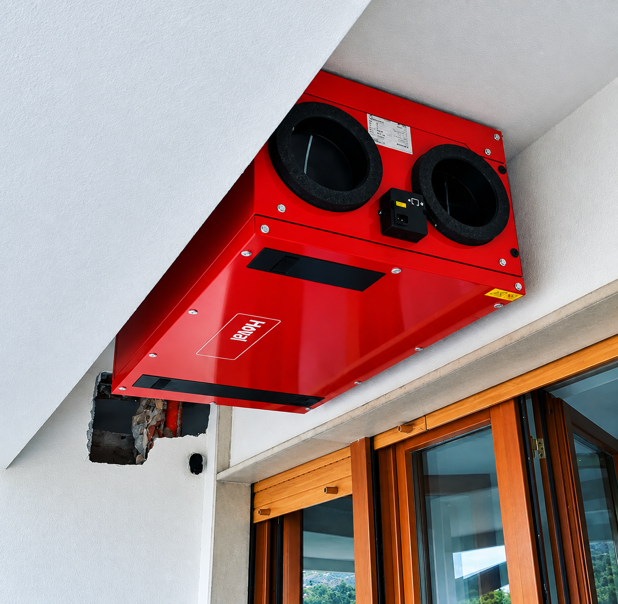 Unità VMC rossa Hoval installata al soffitto di un’abitazione